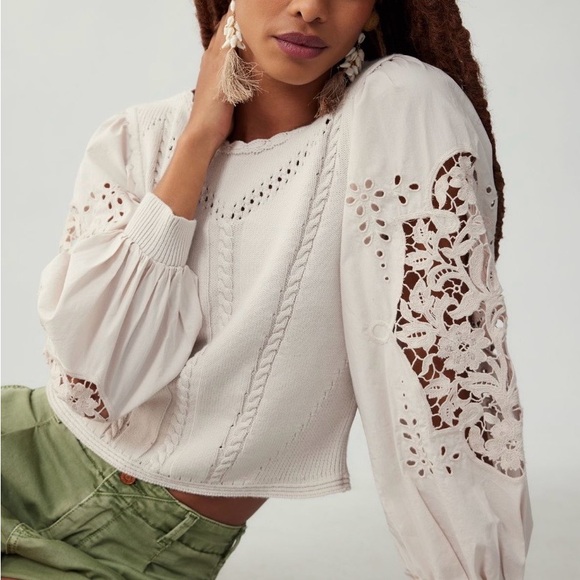 NWoT By Anthropologie Cutwork Puff-Sleeve Sweater women color pearl size Small - Picture 5 of 16